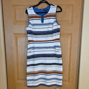 Lands' End Blue Brown White Striped Sheath Dress | Size 8 | Keyhole Neck |